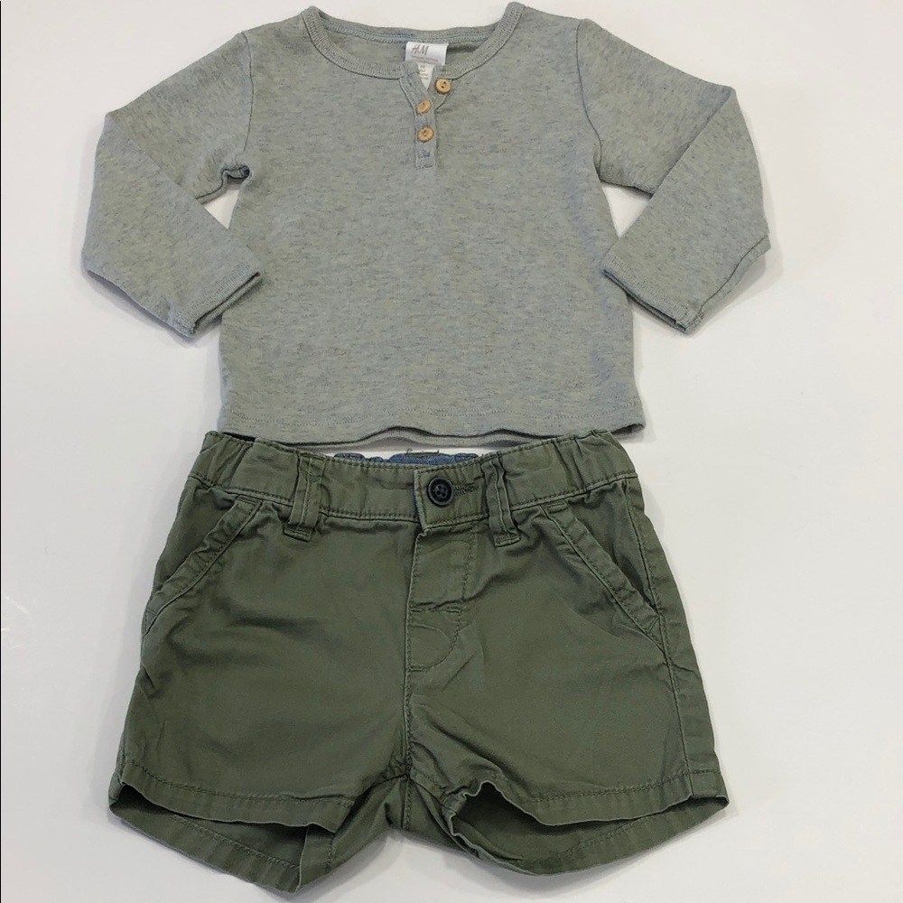 H&M Baby Matching Set – Size 4-6 Months – Cotton Henley + Olive Green Shorts